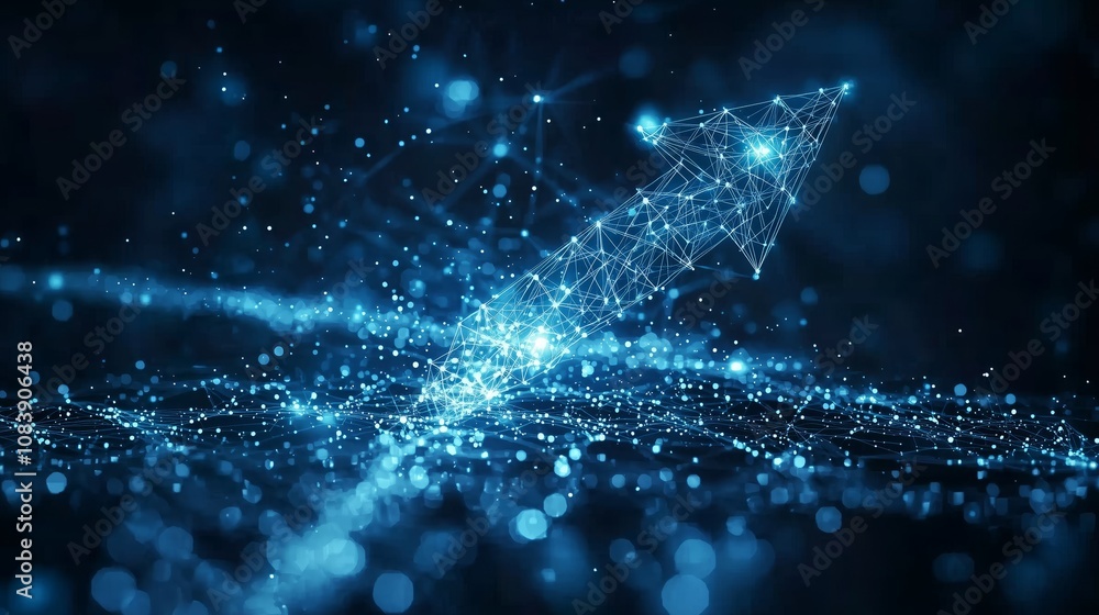 Poster abstract futuristic image of a glowing upward arrow composed of interconnected points, symbolizing g