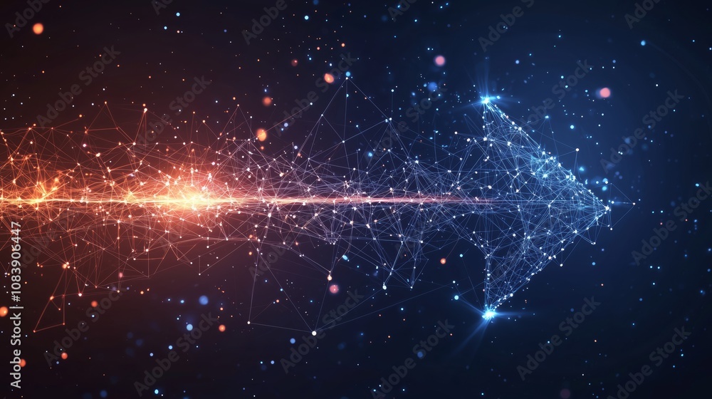 Poster abstract digital arrow composed of glowing particles and lines, symbolizing direction, movement, and
