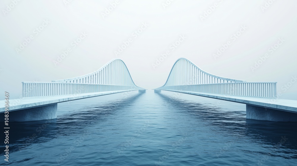 Poster ethereal modern bridge over calm water with a foggy background, symbolizing connection and serenity 