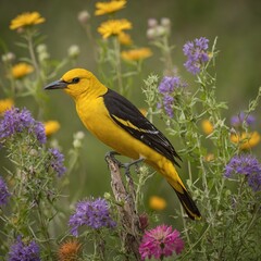 Fototapeta premium A golden oriole perched on a branch surrounded by colorful wildflowers.