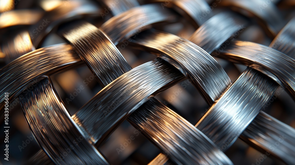 Poster intricate close-up of interwoven metallic strands creating a shiny and textured pattern, ideal for a