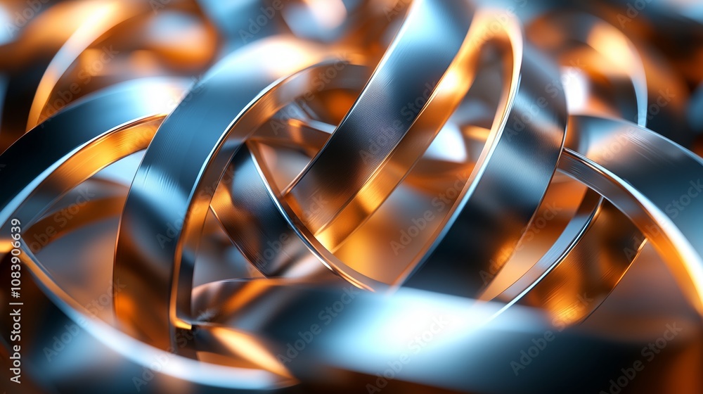 Poster abstract composition of intertwined metallic rings with a glossy finish, highlighting reflections an