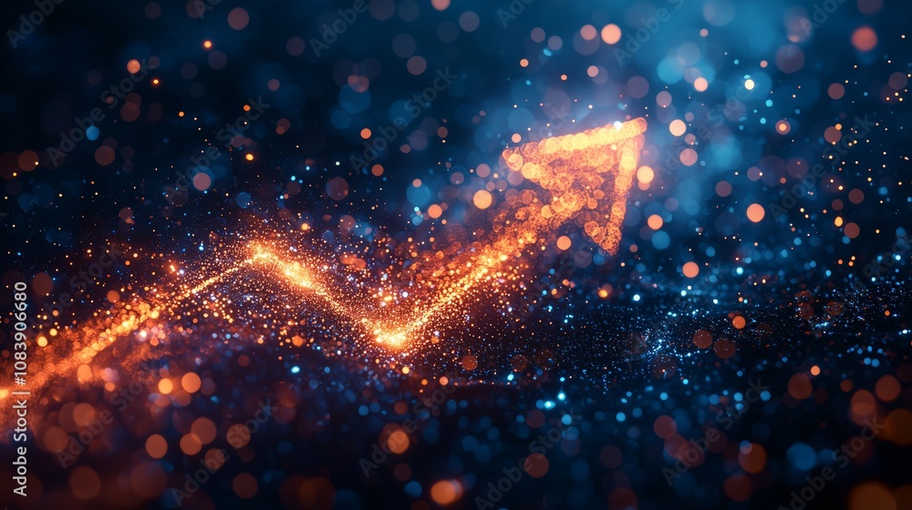 Poster Abstract glowing arrow representing growth and progress in a vibrant, colorful digital universe with shimmering particles and a sparkling background.