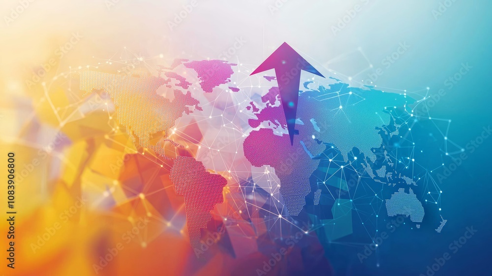 Poster colorful abstract world map with network connections and an upward arrow representing global growth 