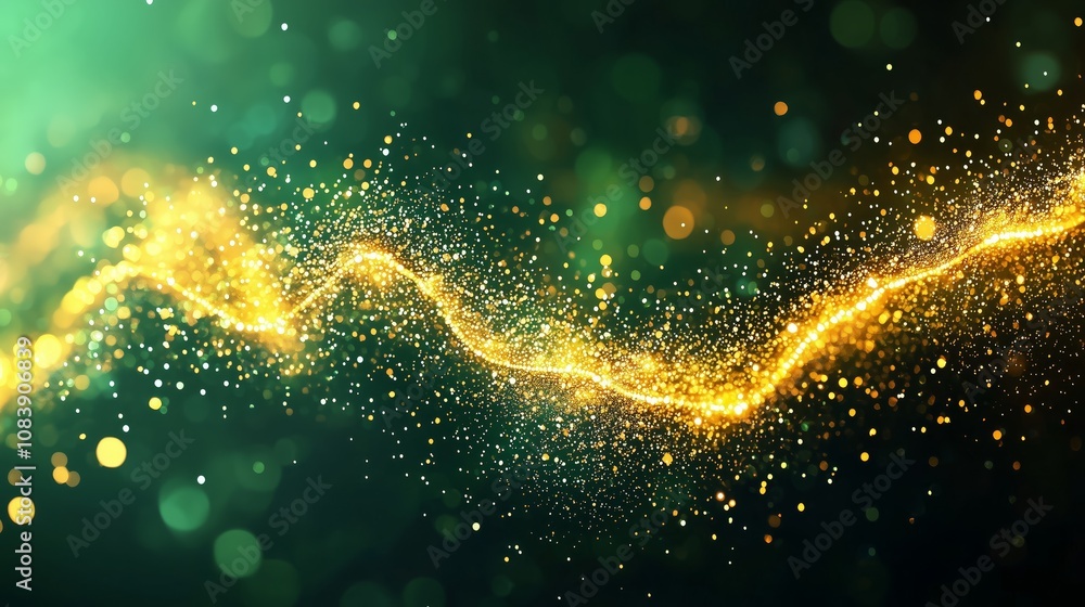 Poster sparkling golden glitter wave on a vivid green background, abstract bokeh effect with shimmering lig