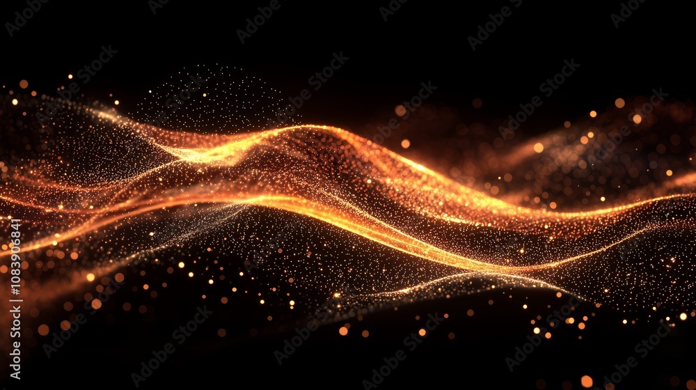 Poster Abstract shimmering waves of golden particles creating a dynamic flowing pattern against a dark background, symbolizing elegance and luxury in design and technology.