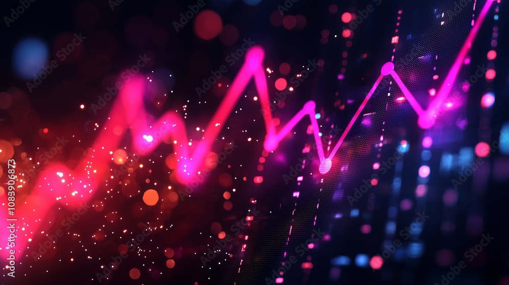 Poster abstract digital background with bright pink graph line on dark background representing data growth 