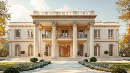 Obraz premium Elegant mansion with grand columns and landscaped surroundings.
