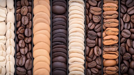 Close-up of various coffee beans and cookies in vertical rows showcasing different colors and textures in a symmetrical arrangement.