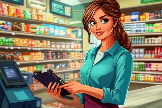 Vibrant Cartoon at Retail Counter with Exaggerated Style
