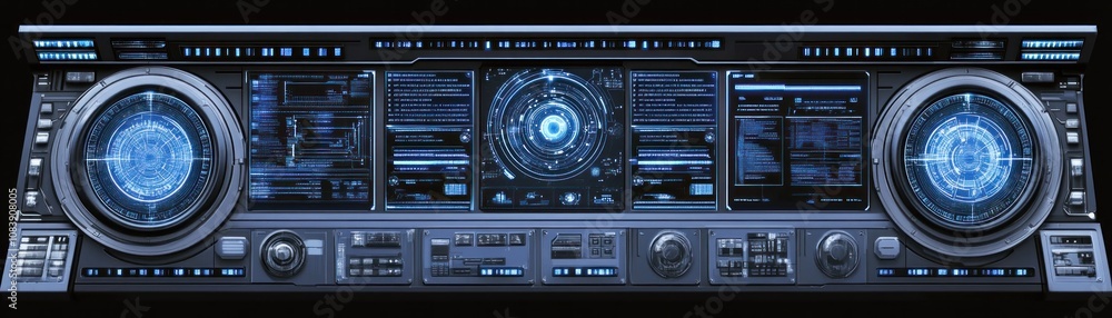 Poster futuristic control panel with digital displays and interactive elements.