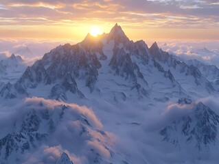 Obraz premium A breathtaking sunrise over majestic snow-capped mountains, enveloped in soft clouds, creating a serene and tranquil atmosphere perfect for nature lovers.