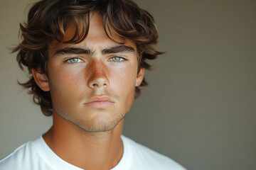 Fototapeta premium Minimalist headshot of a person with a furrowed brow, looking frustrated and tired, on a clean, light gray background,