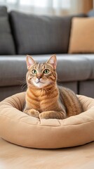 A cozy domestic shorthair cat lounges in a round bed, showcasing its captivating green eyes on a sunny afternoon at home