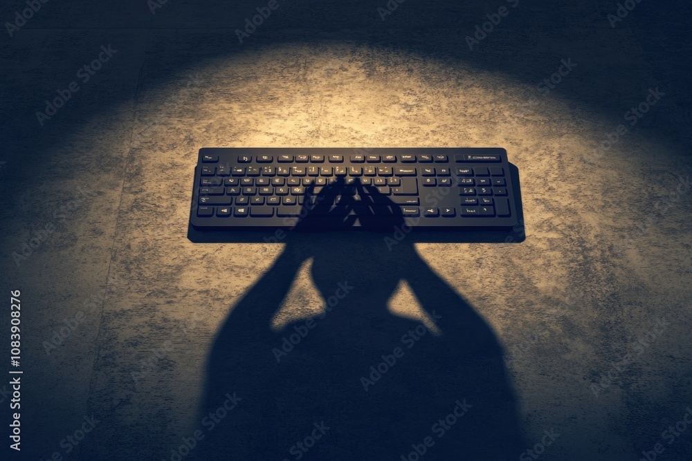 Poster a shadowy figure with hands raised above a keyboard, creating a dramatic and mysterious scene.