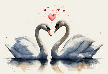 Fototapeta premium Two swans forming a heart with reflections for Valentine’s Day