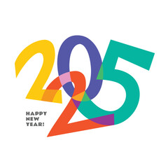 Modern, minimalistic Happy New Year 2025 logo with colorful numbers. Vibrant and cheerful design, perfect for greeting cards, social media, invitations, and event promotions. Festive and energetic