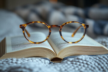 Elegant composition of a closed book and reading glasses on a plain bedside table, symbolizing a peaceful bedtime routine,