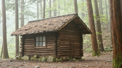A rustic wooden cabin nestled in a misty forest, surrounded by tall trees and serene nature.