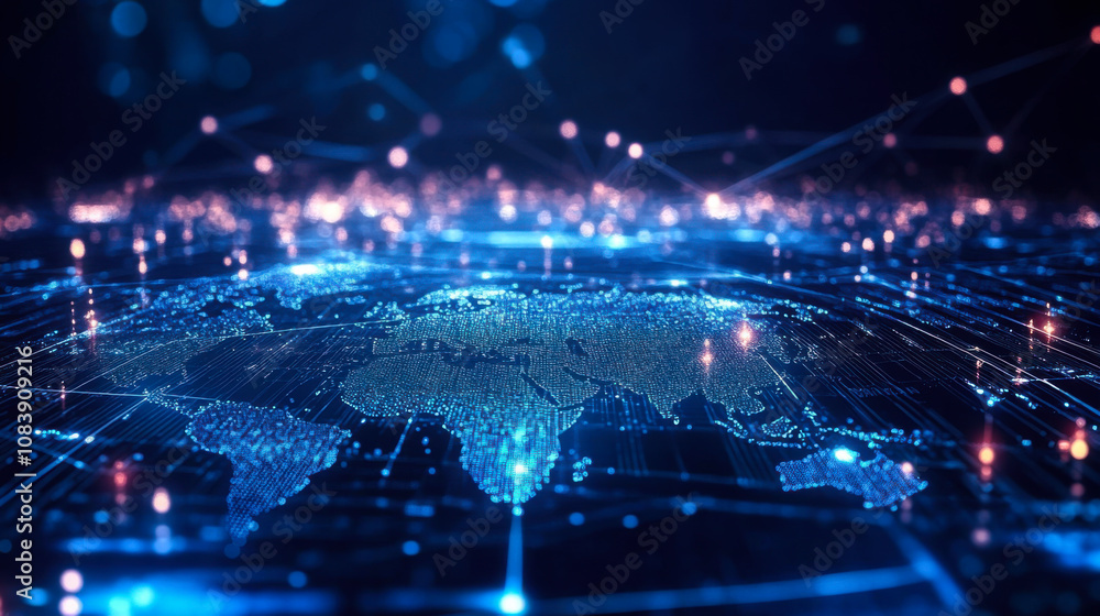 Poster a vibrant digital representation of earth with intricate data lines and glowing points, illustrating