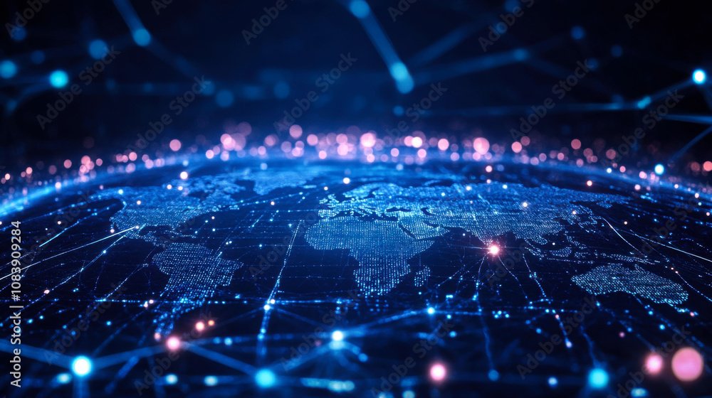 Poster a vibrant digital representation of earth with intricate data lines and glowing points, illustrating