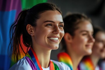 Fototapeta premium Portrait of smiling athletes celebrating with rainbow flag and medals