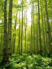 Obraz premium Green birch trees standing tall in a lush spring forest, surrounded by vibrant green foliage and sunlight filtering through the canopy, vibrant, natural