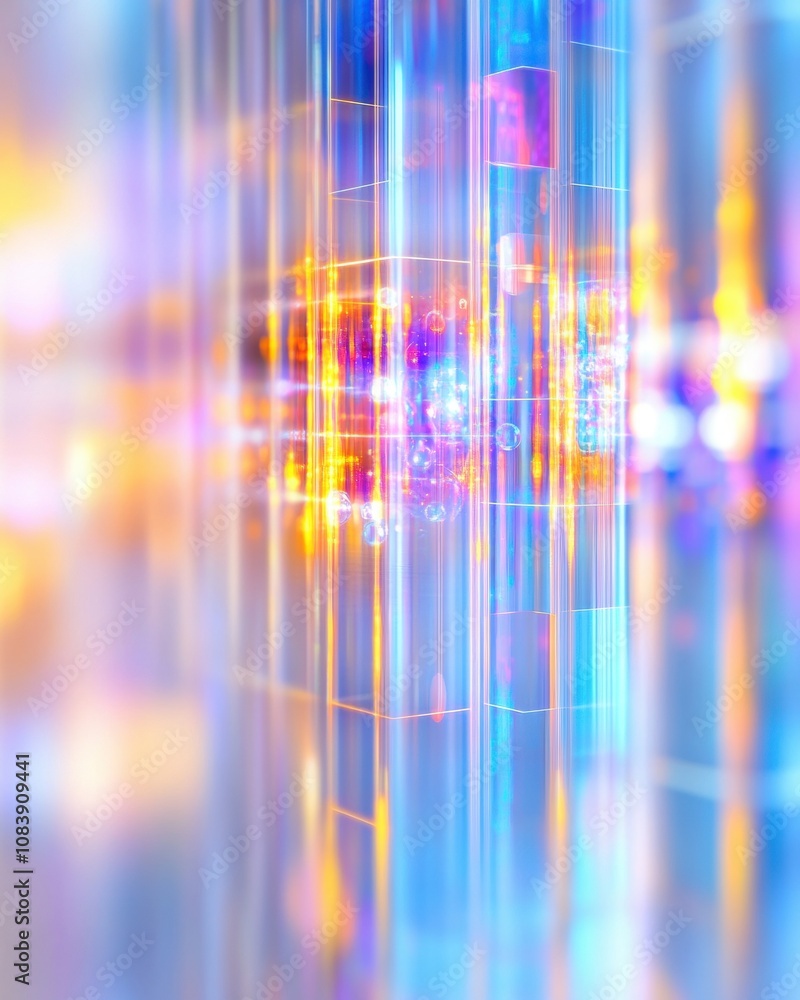 Poster futuristic lab featuring a glowing periodic table with highlighted elements in neon colors