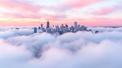 City skyline emerging from soft clouds during a colorful sunrise.