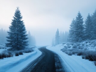 misty winter road winding through a snow-covered forest