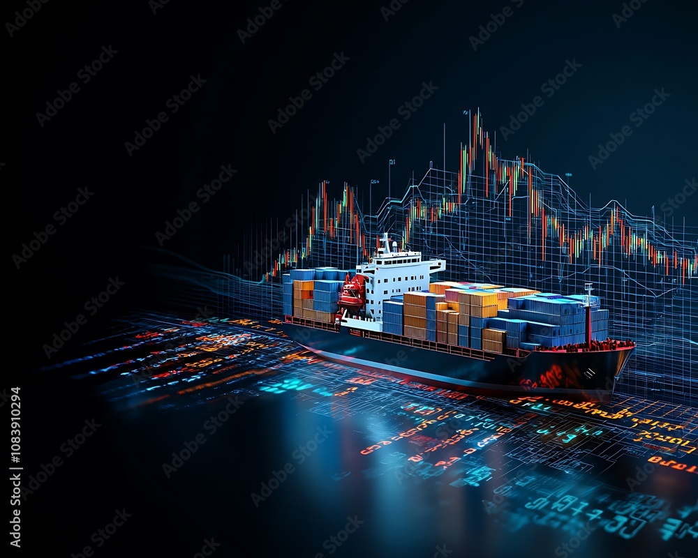 Poster cargo ship with data visualization background