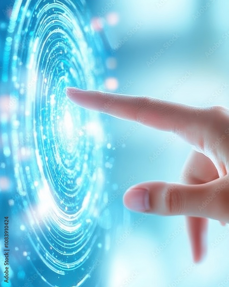 Poster woman interacting with futuristic digital display in a tech-inspired environment