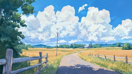 Scenic countryside road leading to a serene landscape under a bright blue sky with fluffy clouds.