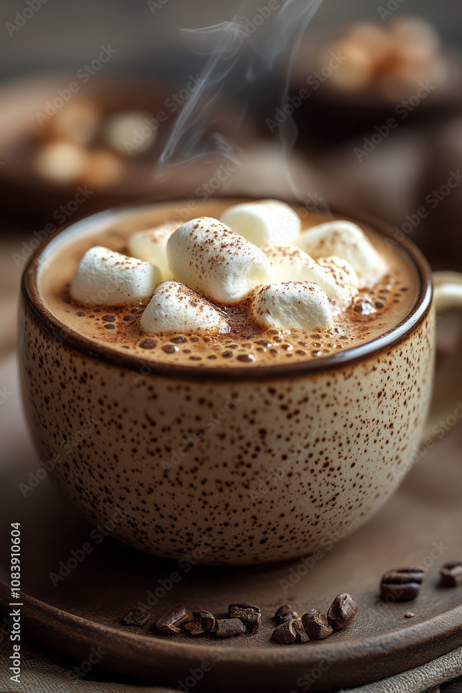 Poster elegant composition of a steaming cup of hot cocoa with a single marshmallow floating on top, placed