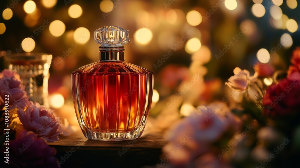 Poster elegant perfume bottle surrounded by soft roses and shimmering bokeh lights, creating a romantic amb