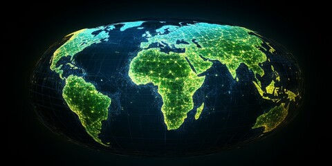 Fototapeta premium Futuristic map of Earth with pulsing digital nodes,space for text