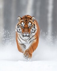 Obraz premium Siberian Tiger Running Gracefully Through the Snow in a Tranquil Forest Environment