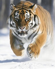Obraz premium Siberian Tiger Runs Gracefully Through the Snow in a Stunning Winter Landscape
