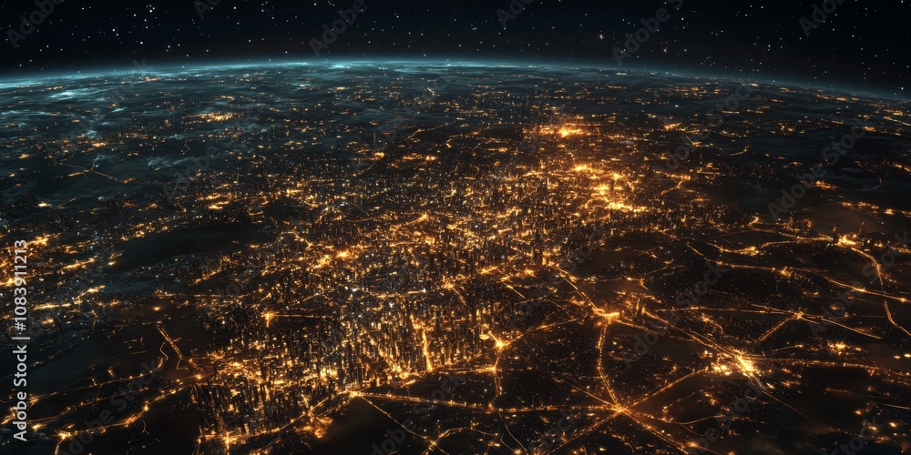 Wall mural global city map with luminous data paths connecting regions,space for text