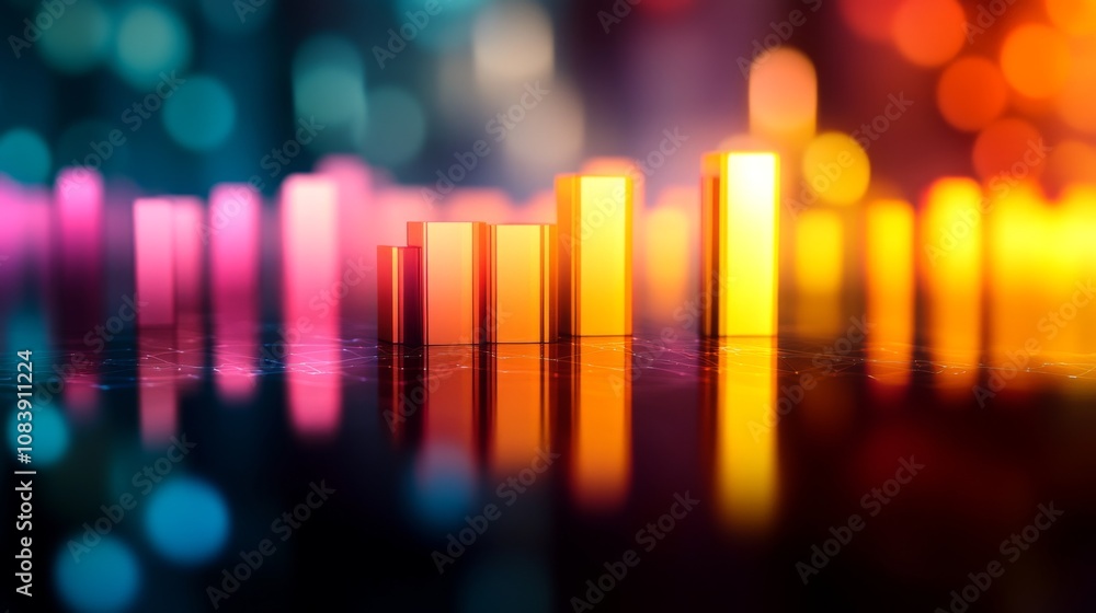 Poster Vibrant Abstract Bar Chart Displaying Colorful Data Visualization with Soft Focused Light Reflections on Glossy Surface in Blurred Background