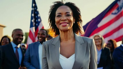 Confident black woman walks on a political campaign stage, zoom in effect, key light, establishing scene.