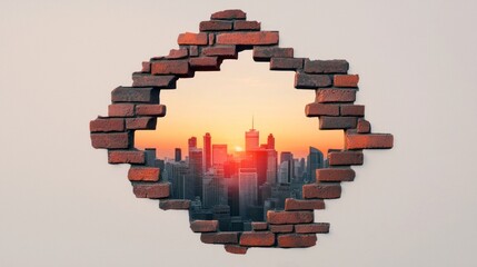 Urban skyline view through a broken brick wall revealing a sunset.