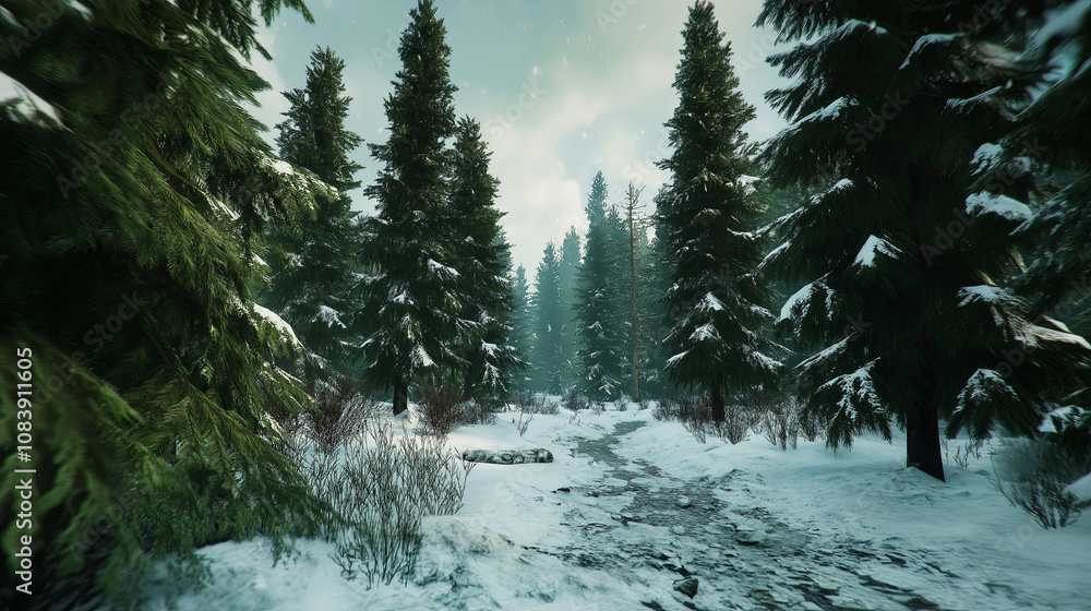 Poster pine forest with a dusting of snow under a cloudy sky
