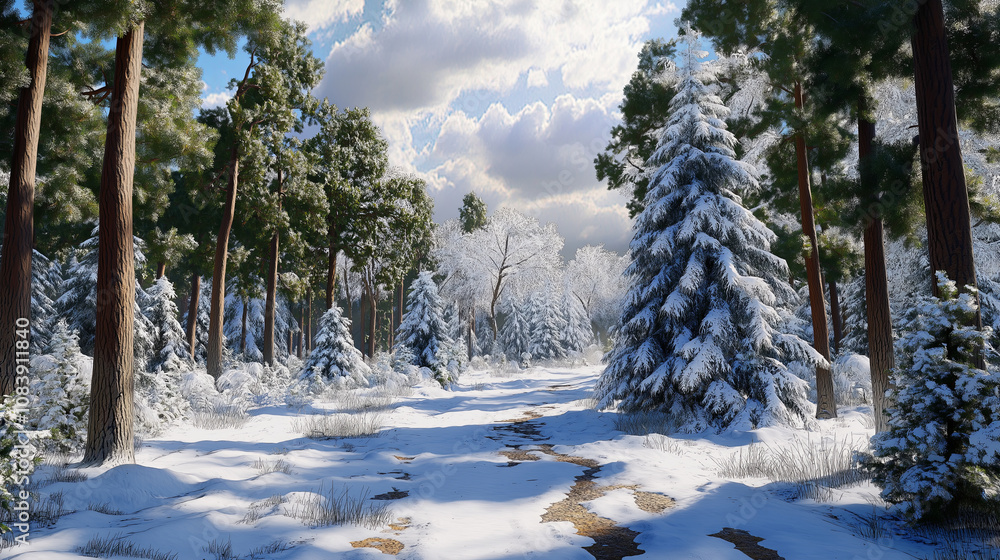 Poster pine forest with a dusting of snow under a cloudy sky