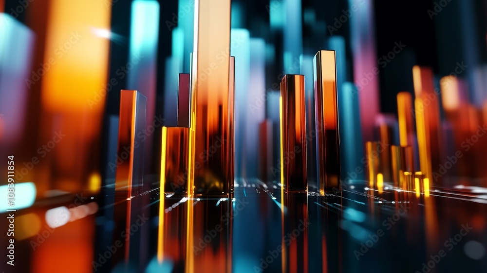 Poster abstract 3d rendering of vibrant glass-like structures reflecting light in an urban landscape with f