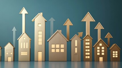 The mortgage value and service. A golden house glowing with arrows pointing upward, symbolizing rising market value