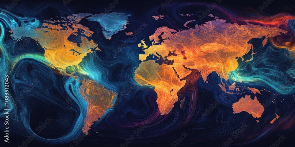 Sticker global energy flow concept on a stylized, color coded map.,space for text