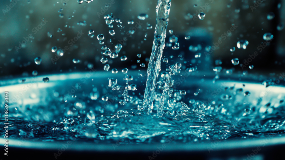 Poster water cascading into a metallic basin creates ripples and splashes in a well-lit indoor setting duri