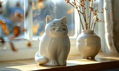 A simple, white porcelain cat figurine on a window sill catching the morning light