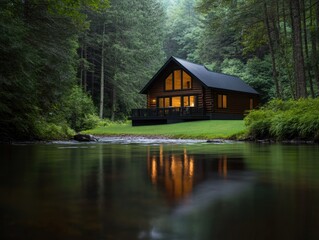 Fototapeta premium serene cabin by the river surrounded by lush greenery
